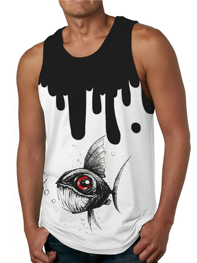  Men's Vest Top Tank Top Shirt Designer Casual Big and Tall Summer Sleeveless Black / White Graphic Fish Print Round Neck Daily Holiday Print Clothing Clothes Designer Casual Big and Tall