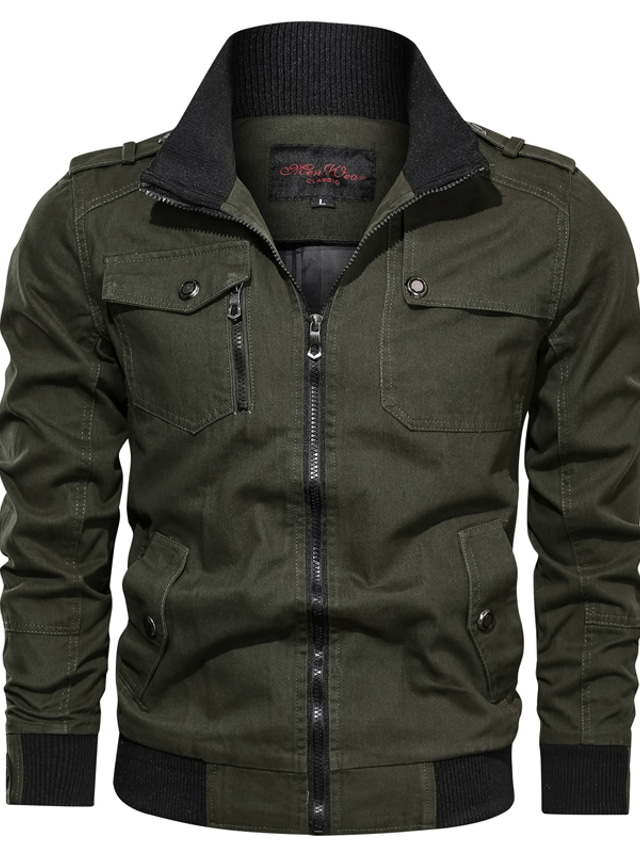  Men's Bomber Jacket Winter Regular Solid Color Patchwork Casual Daily Windproof Warm Blue Wine Army Green Khaki Black