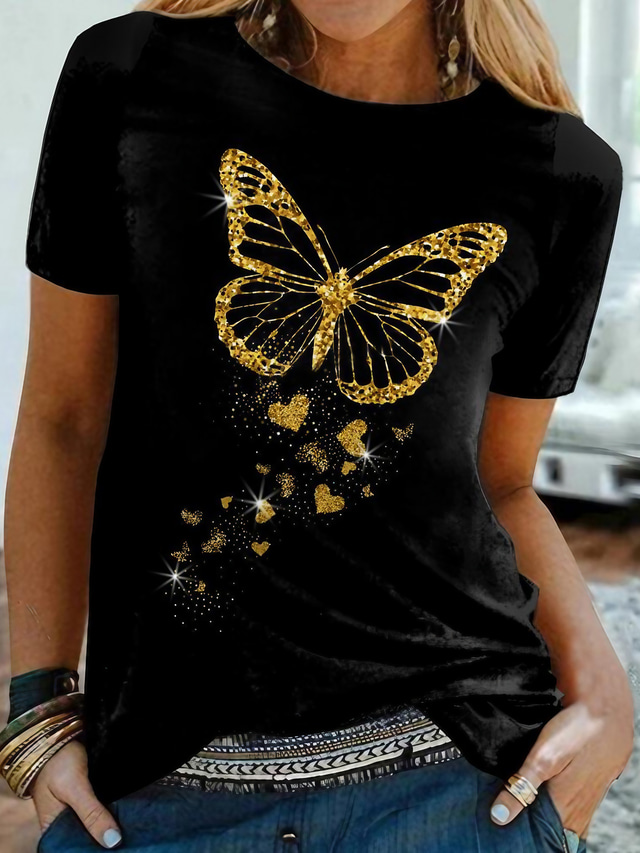  Dame T-shirt Designer 3D-udskrivning Grafisk Sommerfugl sparkly Glitrende Design Kortærmet Rund hals Afslappet Daglig Trykt mønster Tøj Tøj Designer Basale Sort