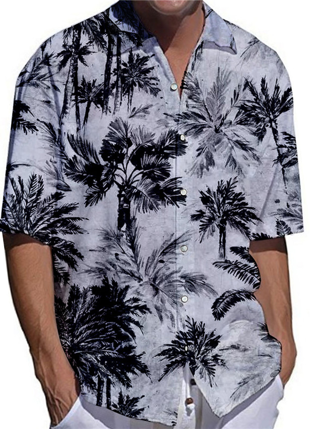  رجالي قميص طباعة الرسم شجرة جوز الهند قياس كبير طوي فضفاض مناسب للبس اليومي طباعة ثلاثية الأبعاد زر أسفل كم قصير قمم مصمم كاجوال موضة ستايل هاواي رمادي
