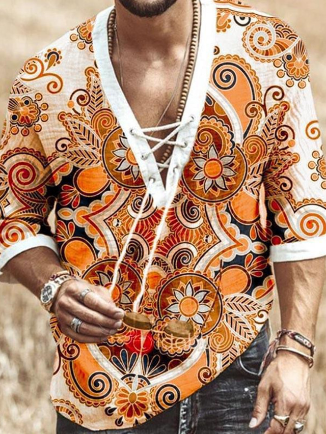  Men's Shirt Floral V Neck Casual Daily Drawstring Short Sleeve Tops Casual Fashion Breathable Comfortable White Orange Navy Blue