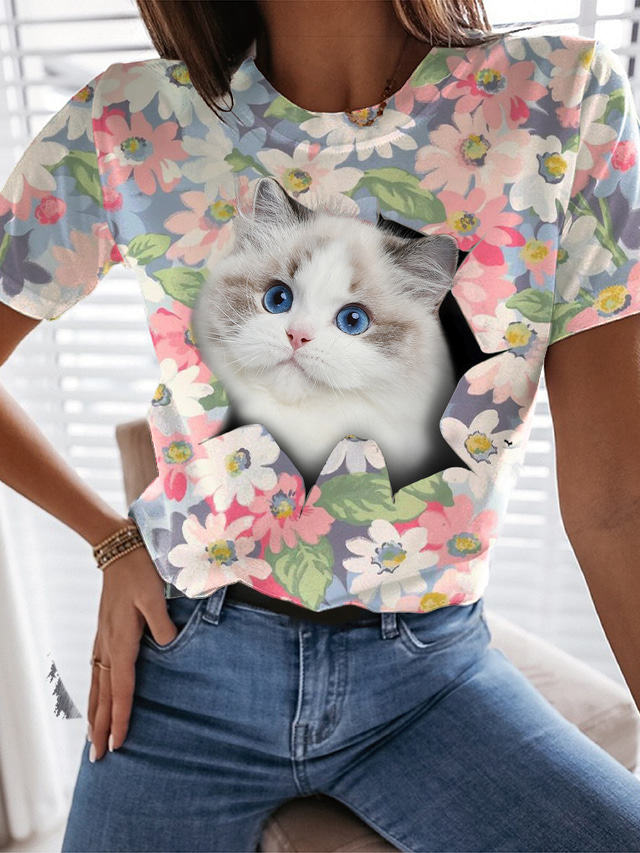  Dame T skjorte Designer 3D-utskrift Blomstret Katt 3D Design Kortermet Rund hals Daglig Trykt mønster Klær Klær Designer Grunnleggende Rosa