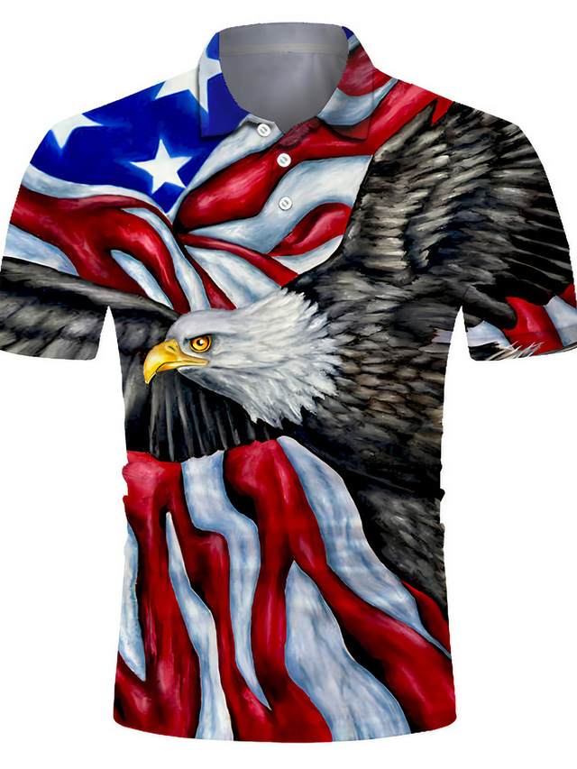  Herr POLO Shirt Golftröja Tennisskjorta T-shirt 3D-tryck Örn Amerikanska flaggan Landsflagga Krage Gata Ledigt Button-Down Kortärmad Blast Ledigt Mode Häftig Andningsfunktion Blå