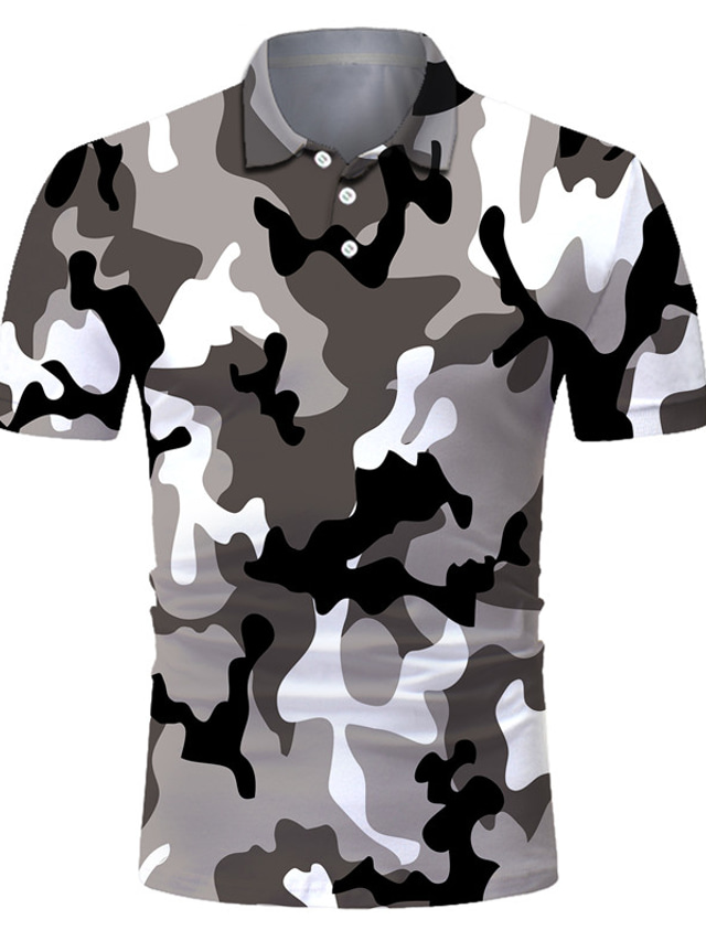  Herre POLO Trøje Golftrøje Tennistrøje T-shirt 3D-udskrivning camouflage Krave Gade Afslappet Knap ned Kortærmet Toppe Afslappet Mode Sej Åndbart Grå