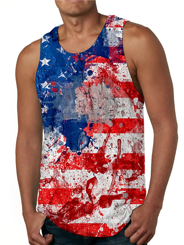  Men's Vest Top Tank Top Designer Casual Big and Tall Summer Sleeveless Red Tie Dye American Flag Independence Day Flag National Flag Print Round Neck Daily Holiday Print Clothing Clothes Designer