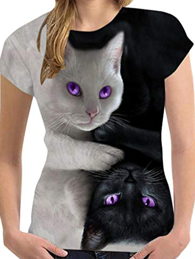  gokomo naisten t-paita 61d kissa printti pyöreä kaula-aukko rento löysä tunika puseropaita