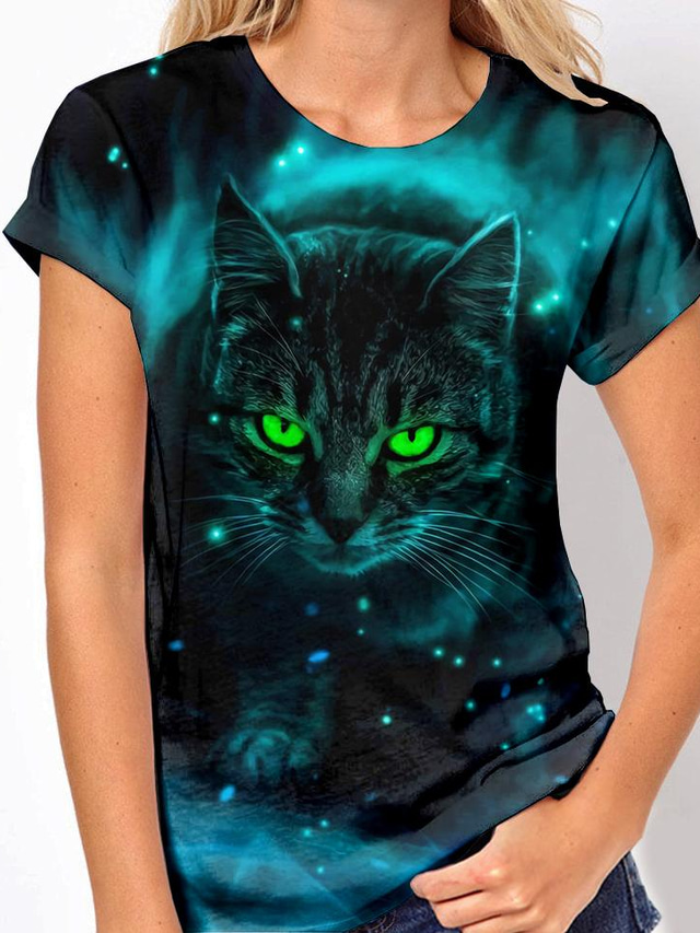  女性用 Tシャツ デザイナー 3Dプリント 猫 デザイン 動物 半袖 ラウンドネック 日常 プリント 服装 デザイナー ベーシック ネイビーブルー