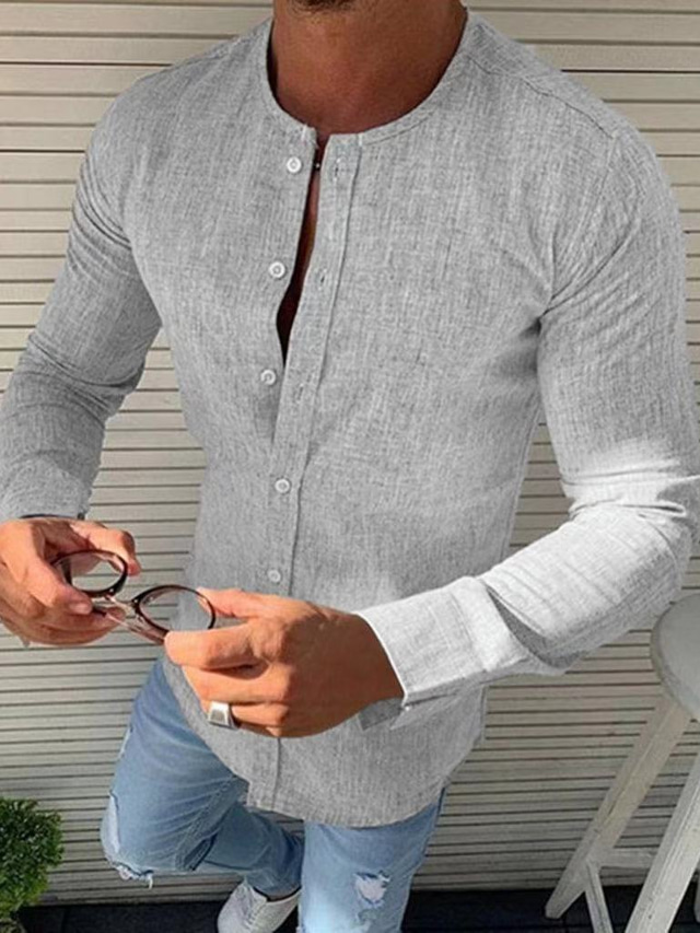  Men's Shirt Solid Colored Round Neck Casual Daily Button-Down Long Sleeve Tops Casual Fashion Breathable Comfortable Green Black Blue