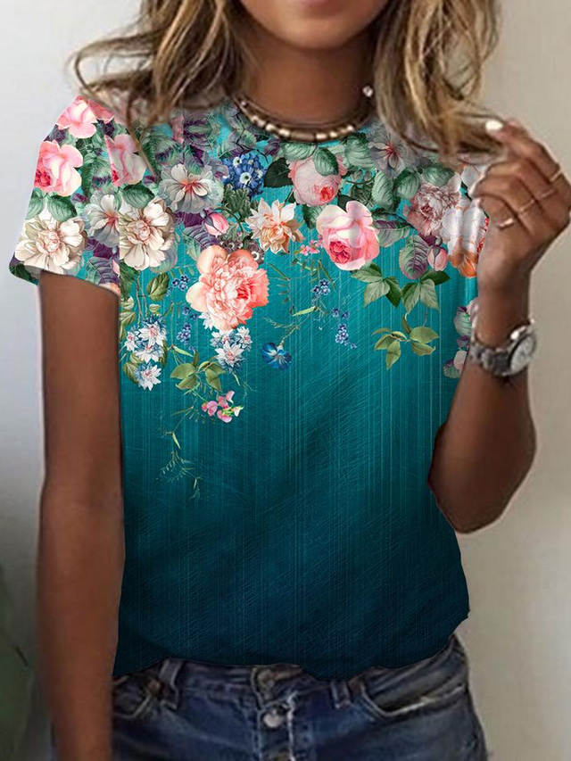  Dame T-shirt Designer 3D-udskrivning Blomstret Grafisk Design Kortærmet Rund hals Daglig Trykt mønster Tøj Tøj Designer Basale Grøn