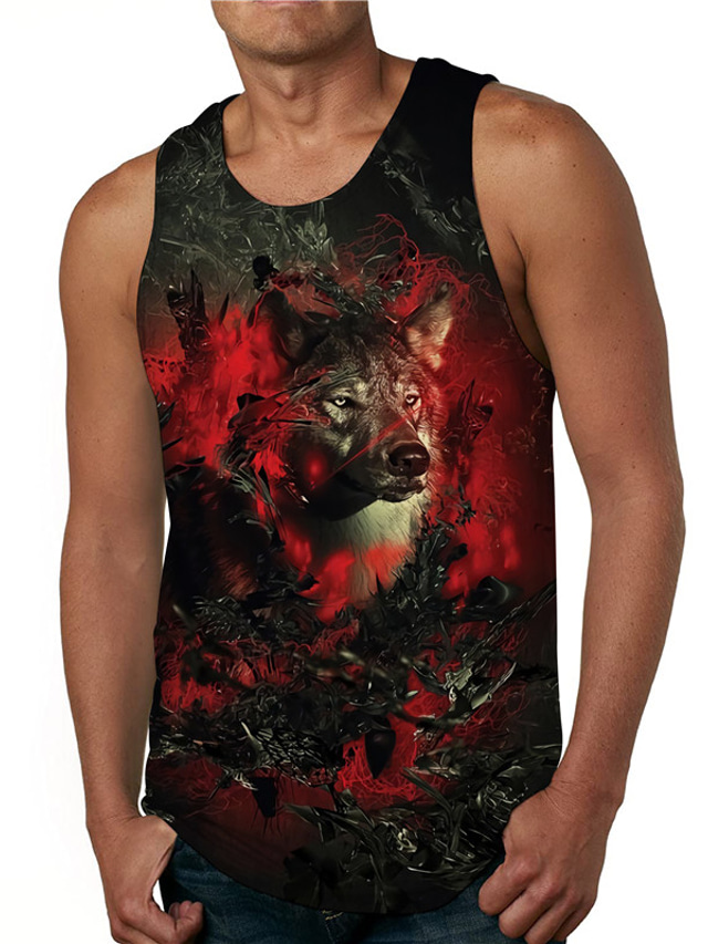  Men's Vest Top Tank Top Designer Casual Big and Tall Summer Sleeveless Red Graphic Wolf Print Round Neck Daily Holiday Print Clothing Clothes Designer Casual Big and Tall