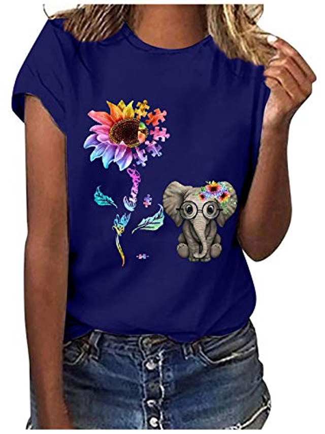  レディースヒマワリ象プリント半袖トップス蜂親切パズルグラフィックTシャツ親切自閉症Tシャツ面白いブラウスブルー
