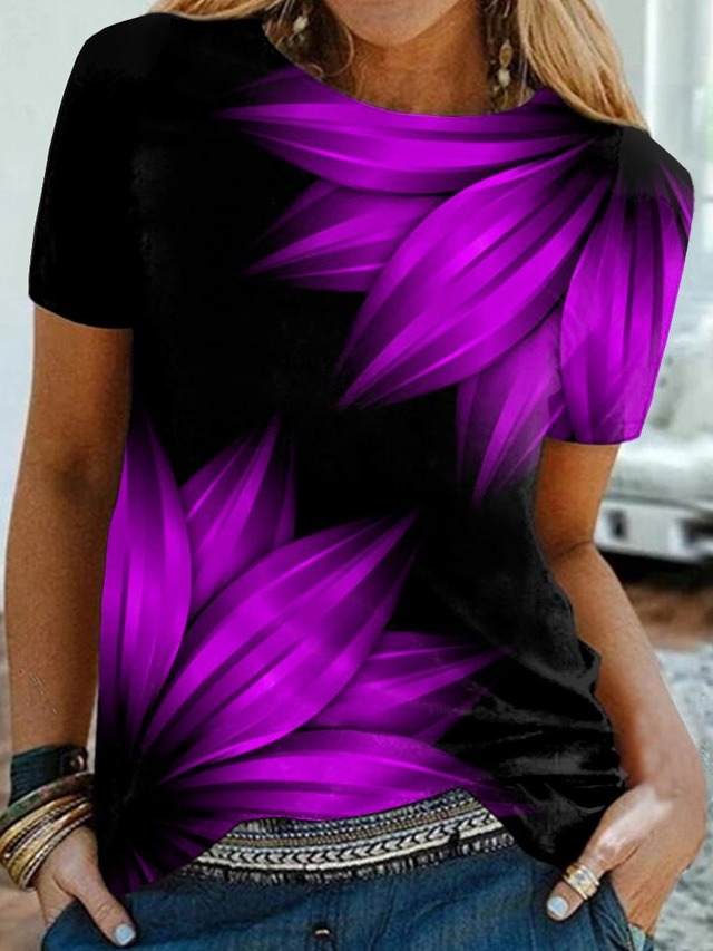  Dame T-shirt Designer 3D-udskrivning Blomstret Grafisk Design Kortærmet Rund hals Daglig Trykt mønster Tøj Tøj Designer Basale Grøn Lilla Rosa