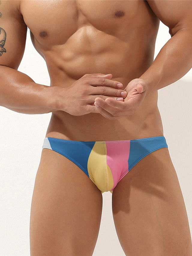  Men's Basic Rainbow Basic Panties Briefs Underwear Micro-elastic Low Waist 1 PC Blue M