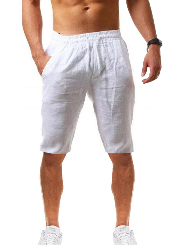  Men's Shorts Linen Shorts Sporty Solid Color Sports Short Sports Shorts Navy ArmyGreen Micro-elastic