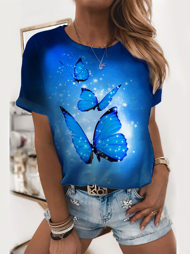  Women's T shirt Tee Designer 3D Print Graphic Butterfly Sparkly Glittery Design Short Sleeve Round Neck Daily Print Clothing Clothes Designer Basic Blue