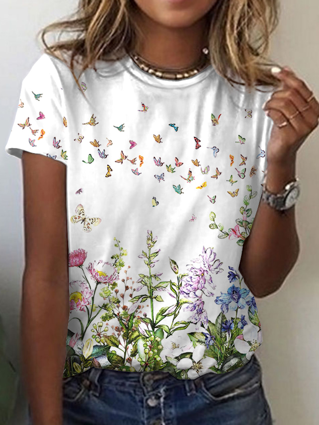  Damen T Shirt Design 3D-Druck Blumen Graphic Schmetterling Design Kurzarm Rundhalsausschnitt Täglich Bedruckt Kleidung Design Basic Weiß
