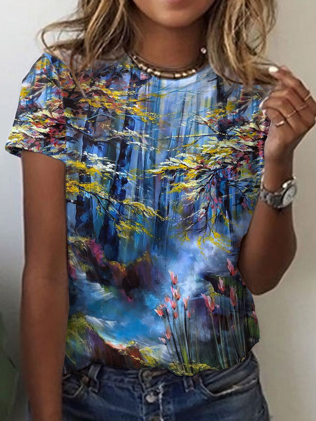  Dame T-shirt Designer 3D-udskrivning Grafisk Landskab 3D Design Kortærmet Rund hals Daglig Trykt mønster Tøj Tøj Designer Basale Blå