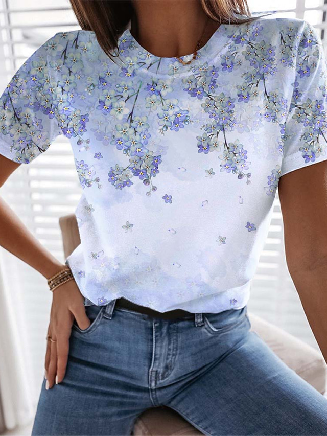  Femme T shirt Tee Design 3D effet Floral Plantes Graphic Design Manches Courtes Col Rond du quotidien Imprimer Vêtements Design basique Bleu