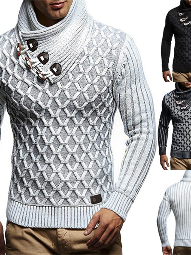  Men's Sweater Cardigan Knit Button Knitted Geometric Stand Collar Basic Stylish Fall Winter White / Black White S M L / Long Sleeve