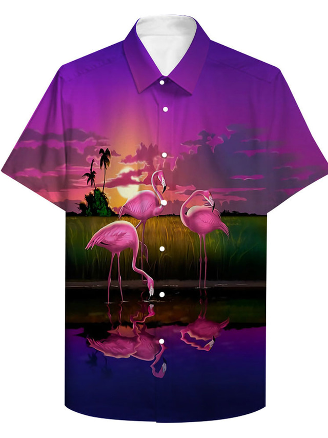  Herre Skjorte 3D-udskrivning Flamingo Plusstørrelser Krave Afslappet Daglig 3D-udskrivning Knap ned Kortærmet Regulær Toppe Afslappet Mode Tropisk Åndbart Lilla / Sport