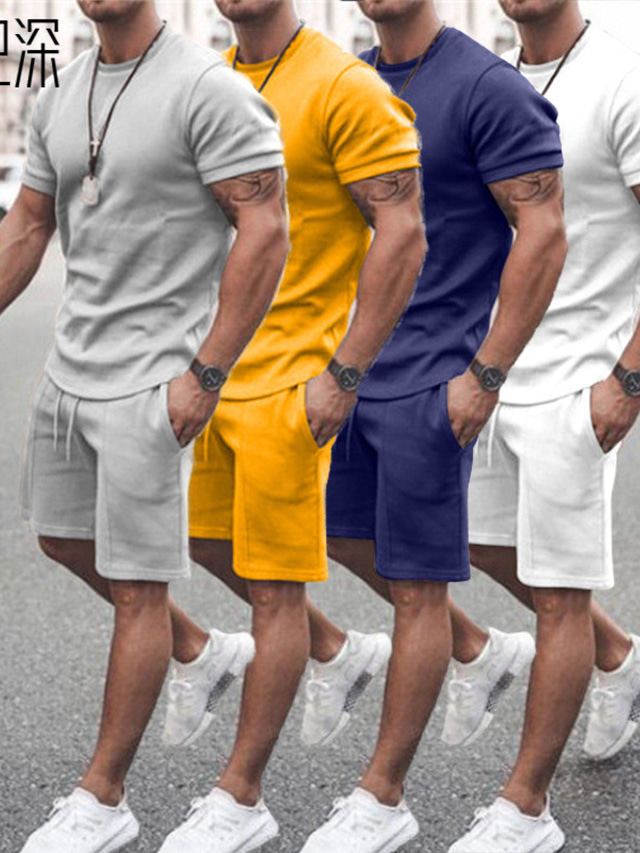  Men's Tracksuit Solid Color Daily Weekend 2 Piece Sporty Short Sleeve Tops Sporty Casual / Sporty White Blue Yellow / Summer / Mid Waist
