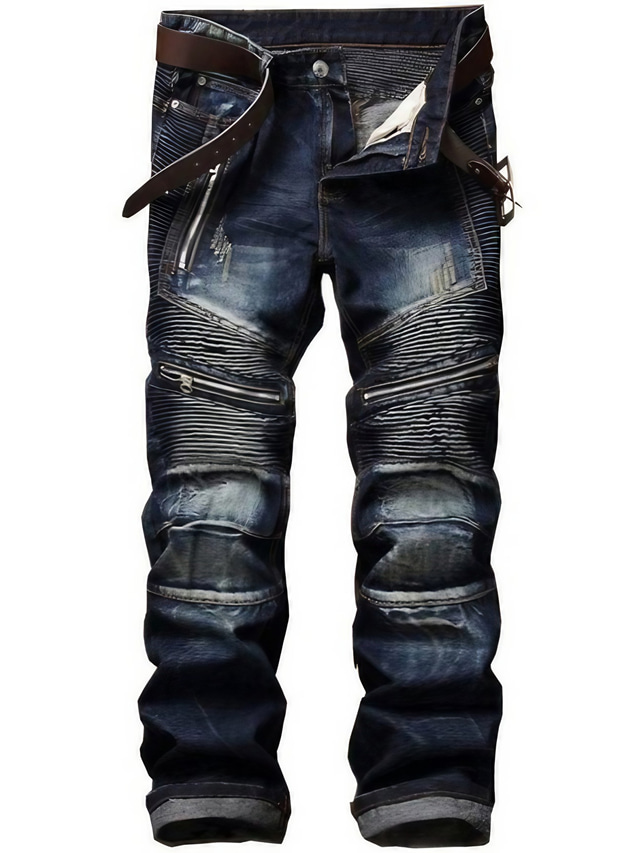  Herren-Retro-Distressed-Reißverschluss, plissierte, verschleißfeste Jeanshose, gerade Hose, schmal geschnittene Biker-Jeanshose im Retro-Stil