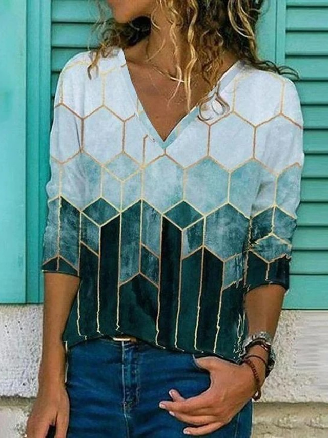  Women's Daily Weekend Geometric Painting T shirt Tee Color Block Geometric Long Sleeve Print V Neck Basic Tops Green Beige S / 3D Print