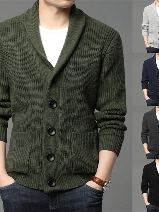  Men's Sweater Cardigan Knit Button Pocket Solid Color Shirt Collar Basic Stylish Clothing Apparel Winter Fall Black Blue S M L