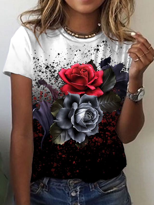  Dame T skjorte Designer 3D-utskrift Blomstret Grafisk Fargeblokk Design Kortermet Rund hals Daglig Trykt mønster Klær Klær Designer Grunnleggende Svart