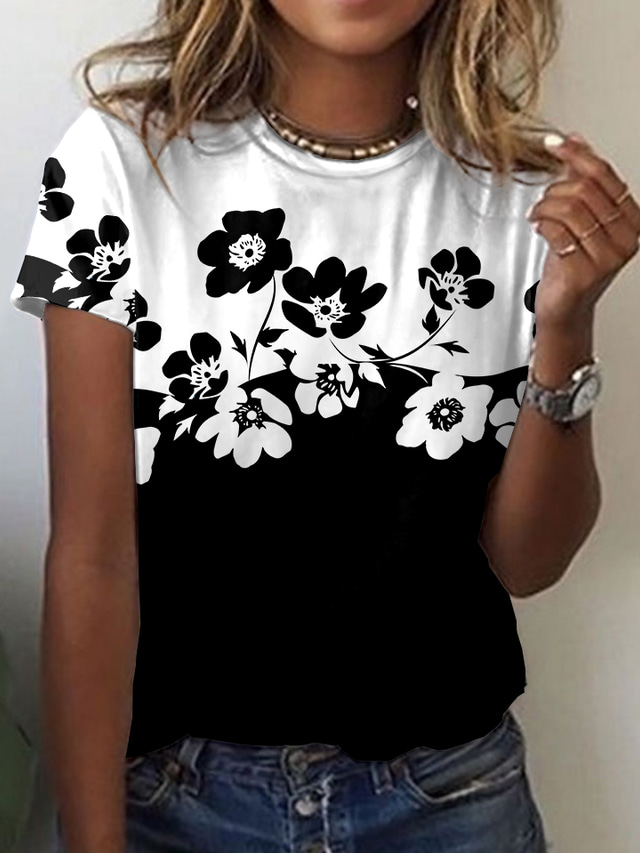  Mulheres Camiseta Designer Impressão 3D Floral Gráfico Bloco de cor Detalhes Manga Curta Decote Redondo Diário Imprimir Roupas Designer Básico Preto