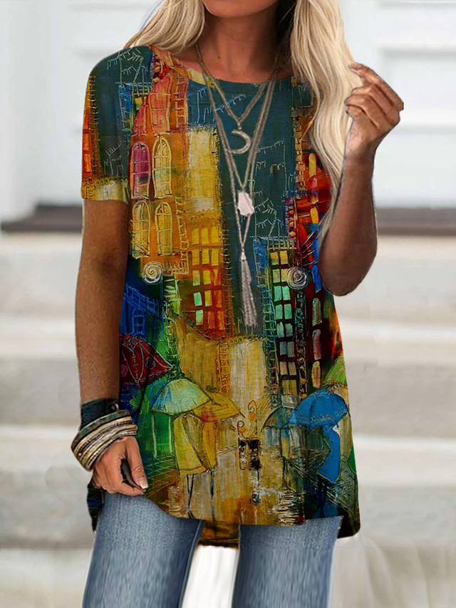  Damen T-Shirt Kleid Tunika Design 3D-Druck Farbblock Design Kurzarm Rundhalsausschnitt Täglich Bedruckt Kleidung Design Basic Regenbogen