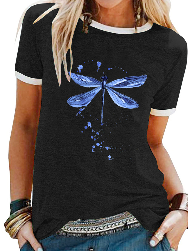  Camiseta con estampado de libélula en color para mujer, camiseta de manga corta, cuello redondo, camisetas, tops casuales para mujer