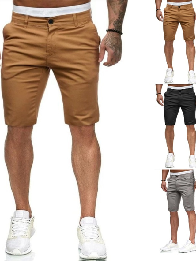  Men's Shorts Zipper Pocket Classic Style Chino Daily Beach Micro-elastic Cotton Blend Outdoor Solid Colored Mid Waist Black Yellow Light Grey M L XL