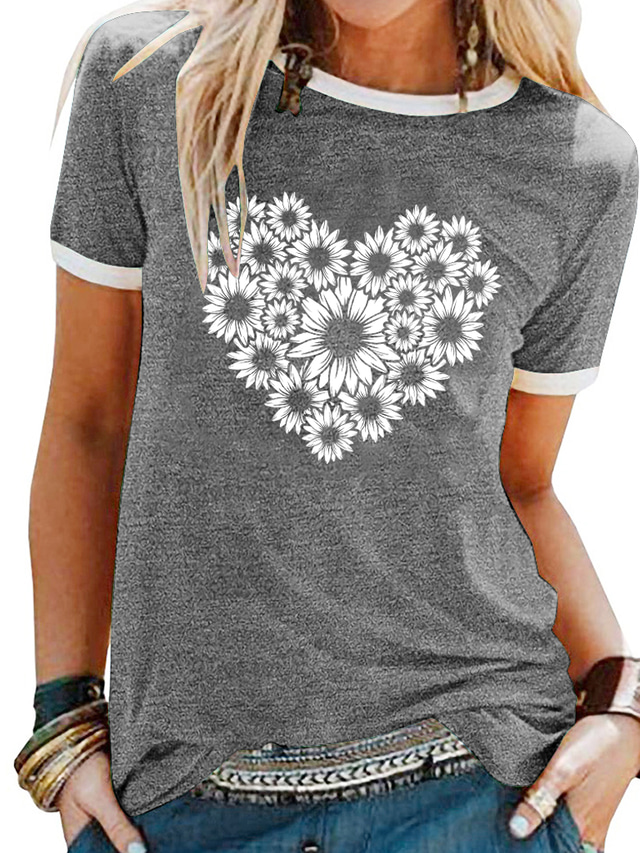  Women's T shirt Tee Designer Hot Stamping Graphic Heart Daisy Design Short Sleeve Round Neck Daily Patchwork Print Clothing Clothes Designer Basic Black Blue Gray