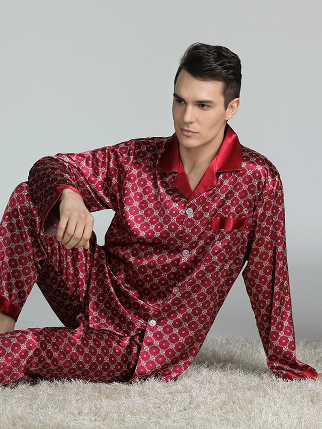  men's luxury silk satin pajamas set button down two-pieces long sleeve sleepwear classic printed loungewear
