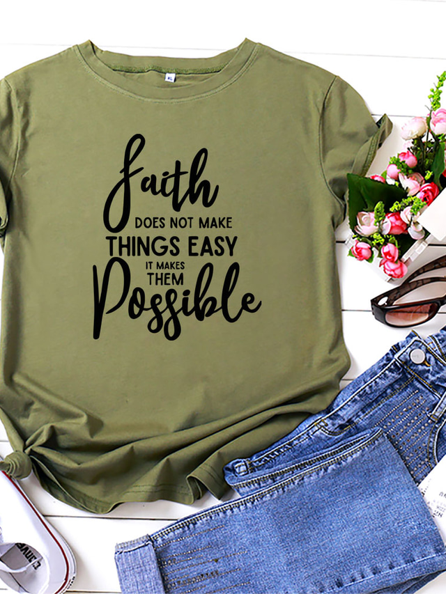  女性の信仰の手紙プリントTシャツ半袖グラフィックTシャツトップスブラックラージ