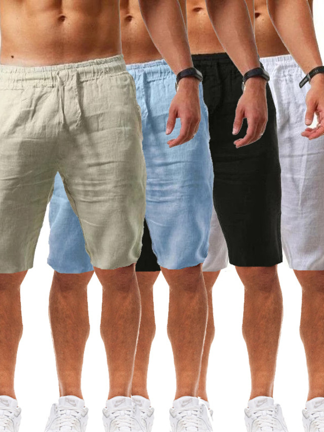  Homens Calção Shorts de linho Com Cordão Tecido Diário Roupa de rua Básico Khaki claro. Preto