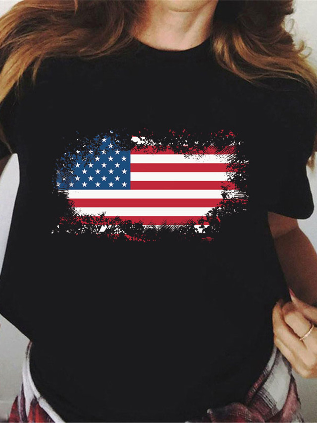  Dames T-shirt Ontwerper Heet stempelen Grafisch USA Sterren en strepen Ontwerp Nationale vlag Korte mouw Ronde hals Independence Day Afdrukken Kleding Kleding Ontwerper Basic Wit Zwart Grijs