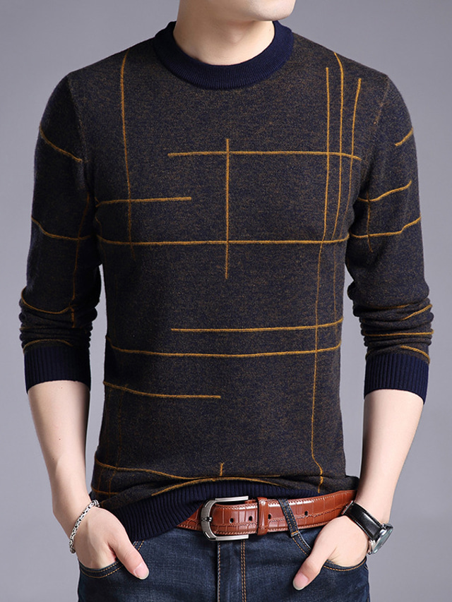  Men's Sweater Wool Sweater Pullover Sweater Jumper Ribbed Knit Knitted Line Crew Neck Keep Warm Modern Contemporary Work Daily Wear Clothing Apparel Fall & Winter Blue Yellow M L XL