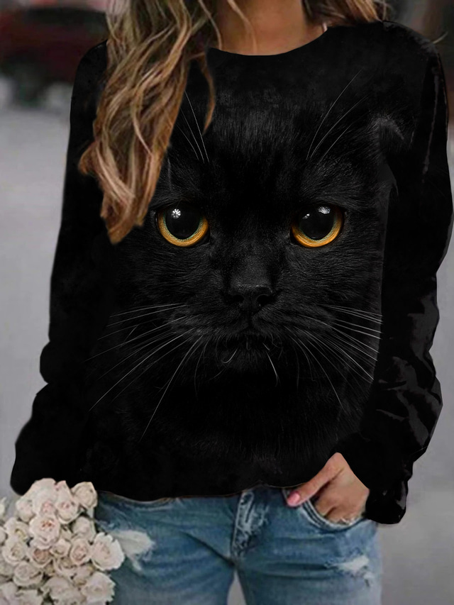  نسائي كنزة قف بجانب الطريق قطة 3D حيوان 3D طباعة مناسب للبس اليومي الرياضة طباعة ثلاثية الأبعاد نشيط أناقة الشارع هوديس بلوزات أسود