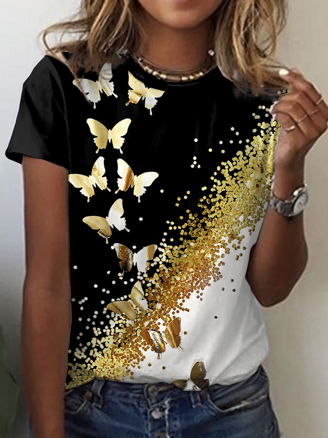  Damen T Shirt Design 3D-Druck Graphic Schmetterling Funkelnd Farbblock glitzernd Kurzarm Rundhalsausschnitt Täglich Bedruckt Kleidung Design Basic Schwarz Purpur Gelb