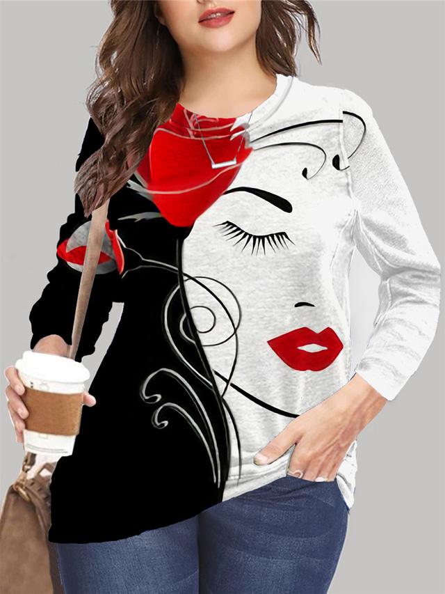  Pentru femei Plus Size Topuri Hanorac pulover Grafic Portret Imprimeu Manșon Lung Crewneck De Bază Hanorac cu Glugă Zilnic Microfibră Toamnă Vară Negru Roșu / Mărime Plus / Mărime Plus