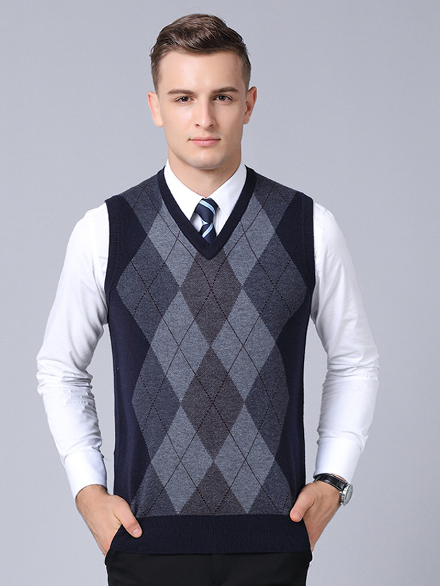  Men's Sweater Vest Wool Sweater Knit Knitted Plaid V Neck Stylish Vintage Style Clothing Apparel Winter Fall Wine Light gray S M L
