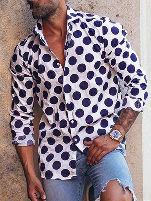  Hombre Camisa Estampado en caliente A Lunares Cuello Inglés Casual Estampado Manga Larga Tops Design Sencillo Blanco