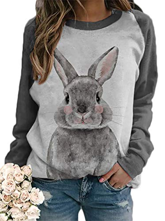  rabbit sweatshirt for women, shy bunny print thin sweatshirt pullover top for easter, office, outdoor, daily wear-3xl grey