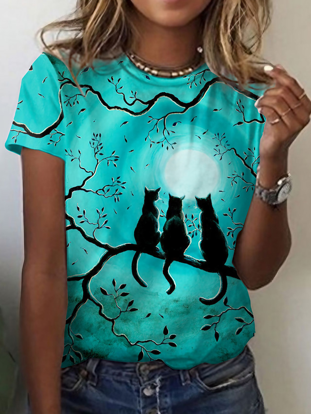  Dame T-shirt Designer 3D-udskrivning Kat Grafisk Design Dyr Kortærmet Rund hals Daglig Trykt mønster Tøj Tøj Designer Basale Grøn