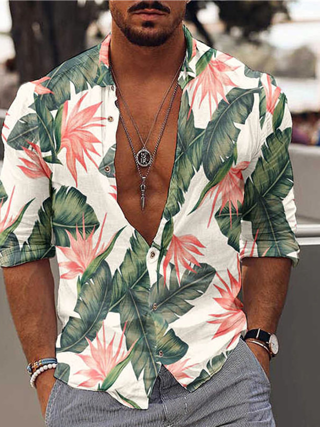  Муж. Рубашка Гавайская рубашка Графика Гавайский Алоха Пальмовый лист Дизайн Воротничок Черный / Белый Синий Зеленый С принтом Большие размеры Для улицы Повседневные Длинный рукав 3D