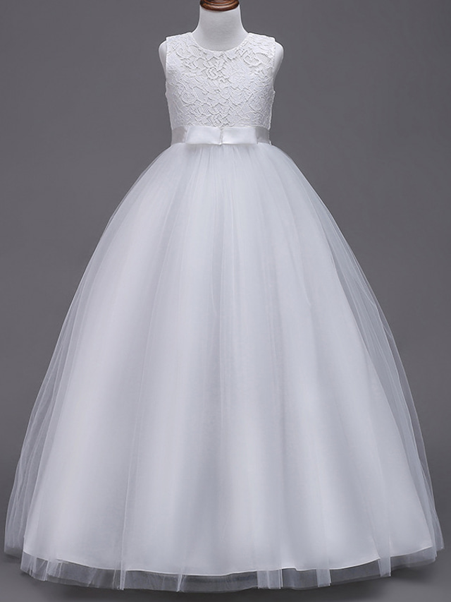 Flower Girl Dress Girls' Dress Evening Gown Party Dress Wedding Party Birthday Party Princess Sweet Lace Mesh Floral Sleeveless Crew Neck White Pink 4-13 Years