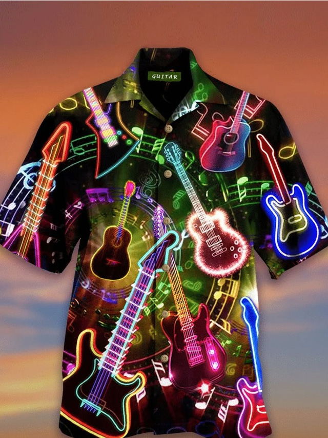  Ανδρικά Πουκάμισο Χαβανέζικο πουκάμισο Γραφική Χαβανέζα Αλόχα Μουσικό όργανο Σχέδιο Απορρίπτω Μπλε-Πράσινο Μαύρο Ρουμπίνι Βυσσινί Πράσινο του τριφυλλιού 3D εκτύπωση Αργίες Κοντομάνικο 3D Στάμπα Ρούχα
