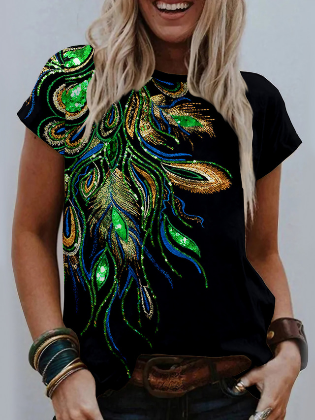  Mujer Camiseta Design Impresión 3D Graphic Pluma Diseño Manga Corta Escote Redondo Diario Estampado ropa Design Básico Vintage Verde Trébol